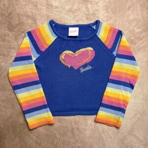 Vintage Y2K Barbie Avenue 2002 Cropped Rainbow Heart Knit Sweater Beaded Kidcore